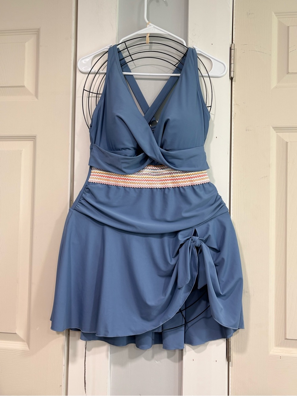 Blue Twist-Front One-Piece Swim Dress with Decorative Waistband